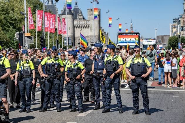 Antwerp police officers are seen participating in the 2026 edition of the Antwerp Pride Parade, part of the Antwerp Pride 2022 festivities that celebrate and support the lesbian, gay, bisexual and transgender oriented people and their allies, Friday 07 August 2026 in Antwerpen.  JONASxROOSENS 182956207