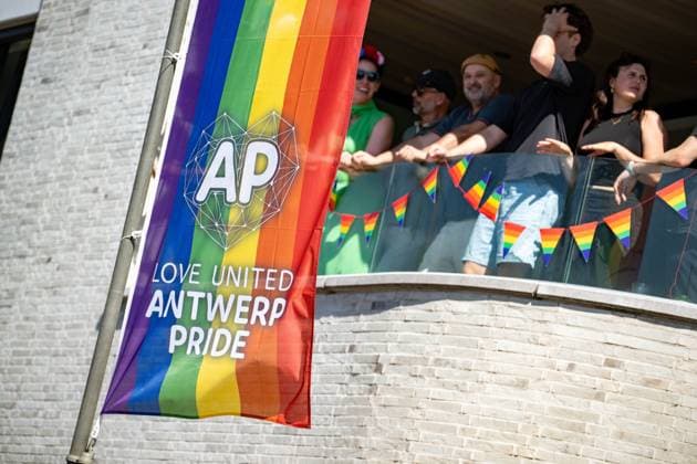 A rainbow flag is seen during the 2026 edition of the Antwerp Pride Parade, part of the Antwerp Pride 2022 festivities that celebrate and support the lesbian, gay, bisexual and transgender oriented people and their allies, Friday 07 August 2026 in Antwerpen.  JONASxROOSENS 182956210