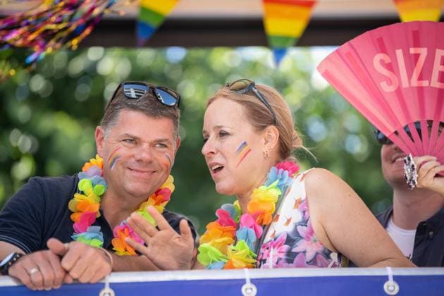 Anders Tom Ongena (L) pictured during the 2026 edition of the Antwerp Pride Parade, part of the Antwerp Pride 2022 festivities that celebrate and support the lesbian, gay, bisexual and transgender oriented people and their allies, Friday 07 August 2026 in Antwerpen.  JONASxROOSENS 182956224