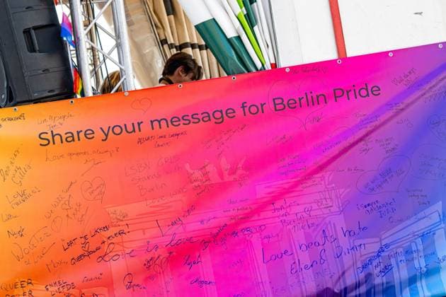 A message wall in honor of the Berlin Pride is seen during the 2026 edition of the Antwerp Pride Parade, part of the Antwerp Pride 2022 festivities that celebrate and support the lesbian, gay, bisexual and transgender oriented people and their allies, Friday 07 August 2026 in Antwerpen.  JONASxROOSENS 182956237