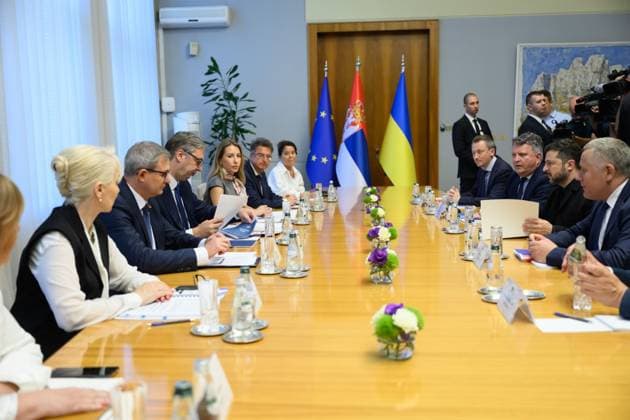 Zelensky meets Serbian president during first official visit to Belgrade Ukrainian President Volodymyr Zelensky meets Serbian President Aleksandar Vucic and other officials during an official visit to Belgrade, Serbia, on August 8, 2026. The visit, Zelensky s first to Serbia, comes as the two countries seek to strengthen bilateral relations and discuss security, economic cooperation, and relations with the European Union. Photo by PRESIDENT OF UKRAINE apaimages Ukraine Ukraine Ukraine 080826_Serbia_UPO_00(2).jpeg Copyright: xapaimagesxPRESIDENTxOFxUKRAINEx xapaimagesx