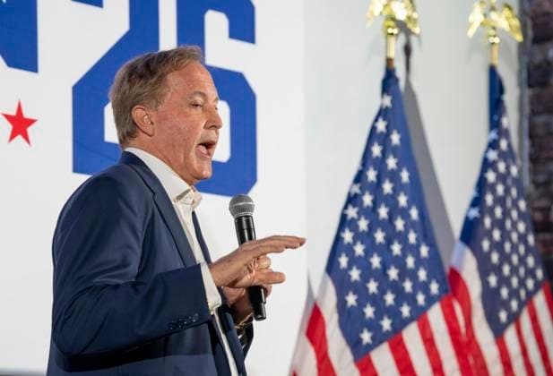 August 8, 2026, San Antonio, Tx, United States: U.S. Senate candidate KEN PAXTON, the current Texas attorney general, speaks to a Republican crowd of 250 at the Angry Elephant bar in north San Antonio on August 8, 2026. Paxton is chasing Democrat James Talarico (not shown) for the U.S. Senate seat now held by John Cornyn in a close race. San Antonio United States - ZUMAd150 20260808_znp_d150_028 Copyright: xBobxDaemmrichx