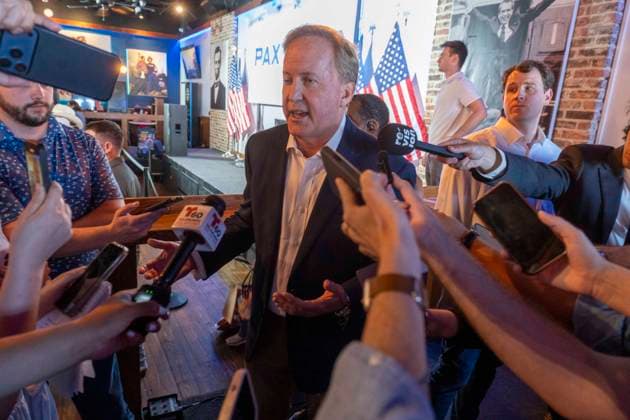 August 8, 2026, San Antonio, Tx, United States: U.S. Senate candidate KEN PAXTON, the current Texas attorney general, speaks to a Republican crowd of 250 at the Angry Elephant bar in north San Antonio on August 8, 2026. Paxton is chasing Democrat James Talarico (not shown) for the U.S. Senate seat now held by John Cornyn in a close race. San Antonio United States - ZUMAd150 20260808_znp_d150_042 Copyright: xBobxDaemmrichx