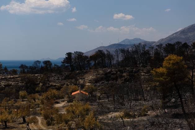 August 8, 2026, Porto Germeno, Greece: PORTO GERMENO, Greece Ã¢â‚¬ August 8, 2026: Five days after a wildfire swept through Porto Germeno, burned forests, damaged homes, and destroyed property remain across the affected area. With most residents evacuated, workers and emergency personnel continue clearing damaged areas, restoring infrastructure, and monitoring the fire-scarred landscape. Photos by JNA Press. Porto Germeno Greece - ZUMAq101 20260808_zna_q101_179 Copyright: xHarrisxXanthopoulosx