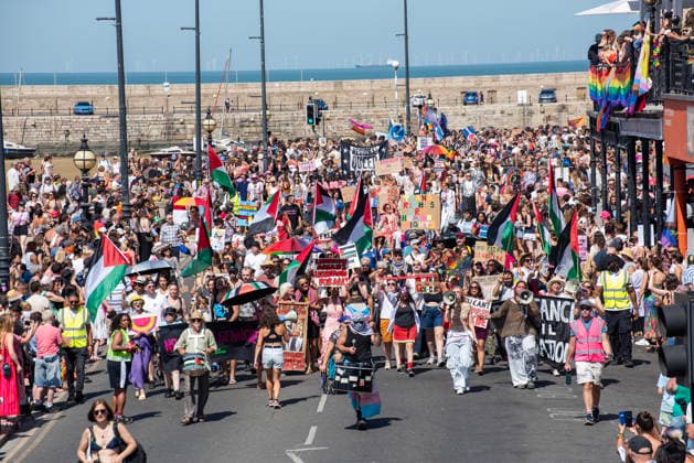 August 8, 2026, Margate, United Kingdom: Pro-Palestine activists march with a banner, flags and placards during the Margate Pride. Gays, trans and non-binary people gathered in Margate, UK to celebrate the 10th Margate Pride. The crowd paraded from the East side of the town to the town centre. Margate United Kingdom - ZUMAs197 20260808_aaa_s197_156 Copyright: xKrisztianxElekx