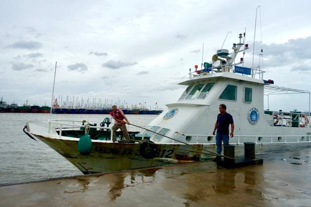 TAIZHOU, CHINA - AUGUST 08: Workers secure boats at a pier on August 8, 2026 in Taizhou, Zhejiang Province of China. The Taizhou Flood Control and Drought Relief Headquarters raised the typhoon emergency response to Level I at 6:00 p.m. as Typhoon Dolphin, the 13th typhoon of the year, approaches. All 3,815 fishing boats in the city have taken shelter, and 29 coastal water-related projects have suspended operations.  Copyright: xChinaxNewsxServicex 111658878630