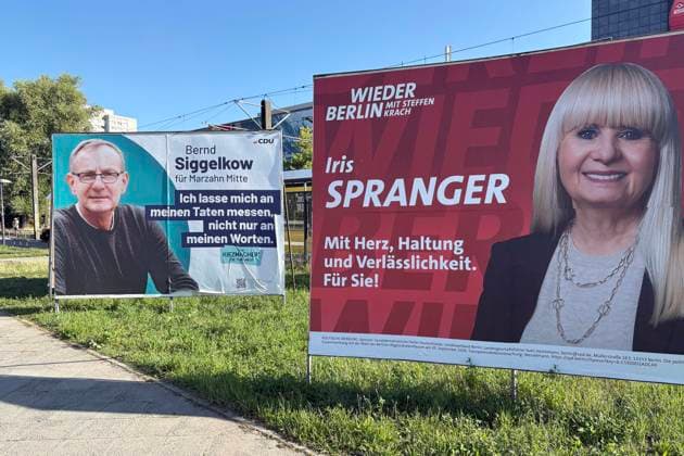 08.08.2026, Wahlplakat zur Abgeordnetenhauswahl 2026 in Berlin, Marzahn-Mitte, Aufsteller, Bernd Siggelkow, für CDU, Gründer Die Arche, ich lasse mich an meinen Taten messen, Iris Spranger, SPD, mit Herz, Haltung und Verlässlichkeit, Berlin Deutschland, Germany *** August 8, 2026, Election poster for the 2026 Berlin House of Representatives election, Marzahn Mitte, freestanding display, Bernd Siggelkow, for the CDU, founder of Die Arche, I let my actions speak for themselves, Iris Spranger, SPD, with heart, integrity, and reliability, Berlin, Germany