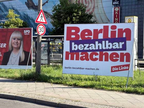 08.08.2026, Wahlplakat zur Abgeordnetenhauswahl 2026 in Berlin, Marzahn-Mitte, Aufsteller, für Iris Spranger, SPD, mit Herz, Haltung und Verlässlichkeit, Die Linke, Berlin bezahlbar machen, Berlin Deutschland, Germany *** August 8, 2026, campaign poster for the 2026 Berlin House of Representatives election, Marzahn Mitte, freestanding display, for Iris Spranger, SPD, with heart, conviction, and reliability, Die Linke, Making Berlin Affordable, Berlin, Germany