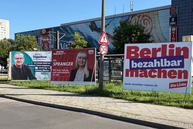 08.08.2026, Wahlplakat zur Abgeordnetenhauswahl 2026 in Berlin, Marzahn-Mitte, Aufsteller, Bernd Siggelkow, für CDU, Gründer Die Arche, ich lasse mich an meinen Taten messen, Iris Spranger, SPD, mit Herz, Haltung und Verlässlichkeit, Die Linke, Berlin bezahlbar machen, Berlin Deutschland, Germany *** August 8, 2026, Election poster for the 2026 Berlin House of Representatives election, Marzahn Mitte, freestanding display, Bernd Siggelkow, for the CDU, founder of Die Arche, I let my actions speak for themselves, Iris Spranger, SPD, with heart, conviction, and reliability, Die Linke, Making Berlin Affordable, Berlin, Germany