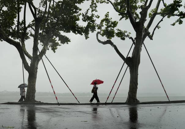 (260809) -- HANGZHOU, Aug. 9, 2026 -- Visitors walk past temporarily reinforced trees along the West Lake in Hangzhou, east China s Zhejiang Province, Aug. 9, 2026. China s national observatory on Sunday activated a red alert -- the highest level in the country s typhoon warning system -- as Typhoon Dolphin approaches. Typhoon Dolphin is forecast to make landfall along the country s east coast from Zhoushan in Zhejiang Province to Fuding in Fujian Province, according to the National Meteorological Center (NMC). ) CHINA-ZHEJIANG-HANGZHOU-TYPHOON DOLPHIN-PREVENTION (CN) HanxChuanhao 