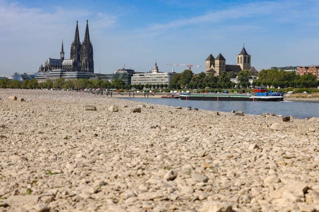 Sommer im Rheinland. Blick auf den Rhein bei Koeln (Köln) - Deutz. Der Rhein in Koeln (Köln) fuehrt (führt) Niedrigwasser aufgrund anhaltender Trockenheit. Im Hintergrund der Koelner (Kölner) Dom. Ein Schiff ist unterwegs. Sommer im Rheinland am 09.08.2026 in Koeln (Köln) Deutschland. *** Summer in the Rhineland: View of the Rhine near Cologne, Deutz. The Rhine in Cologne is at low water levels due to persistent drought. Cologne Cathedral is visible in the background. A ship is passing by. Summer in the Rhineland on August 9, 2026, in Cologne, Germany