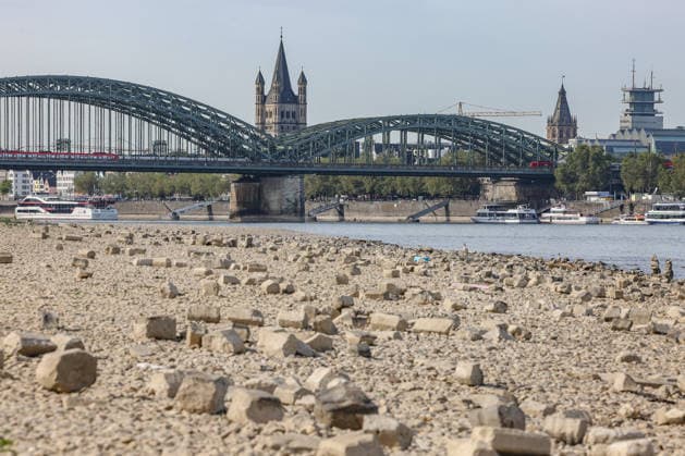 Sommer im Rheinland. Blick auf den Rhein bei Koeln (Köln) - Deutz. Der Rhein in Koeln (Köln) fuehrt (führt) Niedrigwasser aufgrund anhaltender Trockenheit. Im Hintergrund die Hohenzollernbruecke (Hohenzollernbrücke). Sommer im Rheinland am 09.08.2026 in Koeln (Köln) Deutschland. *** Summer in the Rhineland: View of the Rhine near Cologne, Deutz. The Rhine in Cologne is at low water levels due to persistent drought. In the background is the Hohenzollern Bridge. Summer in the Rhineland on August 9, 2026, in Cologne, Germany
