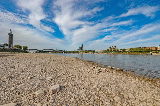 Sommer im Rheinland. Blick auf den Rhein bei Koeln (Köln) - Deutz. Der Rhein in Koeln (Köln) fuehrt (führt) Niedrigwasser aufgrund anhaltender Trockenheit. Im Hintergrund die Hohenzollernbruecke (Hohenzollernbrücke) (links) und der Koelner (Kölner) Dom (rechts). Sommer im Rheinland am 09.08.2026 in Koeln (Köln) Deutschland. *** Summer in the Rhineland: View of the Rhine near Cologne (Deutz). The Rhine in Cologne is at low water levels due to persistent drought. In the background, the Hohenzollern Bridge is on the left and Cologne Cathedral is on the right. Summer in the Rhineland on August 9, 2026 in Cologne, Germany