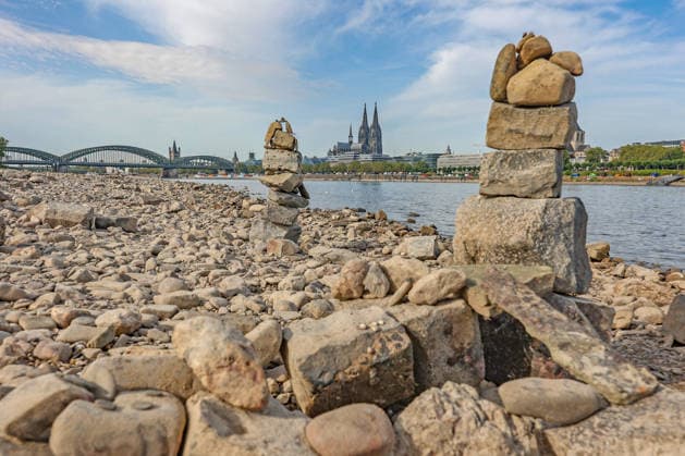Sommer im Rheinland. Blick auf den Rhein bei Koeln (Köln) - Deutz. Der Rhein in Koeln (Köln) fuehrt (führt) Niedrigwasser aufgrund anhaltender Trockenheit. Im Hintergrund die Hohenzollernbruecke (Hohenzollernbrücke) (links) und der Koelner (Kölner) Dom (rechts). Sommer im Rheinland am 09.08.2026 in Koeln (Köln) Deutschland. *** Summer in the Rhineland: View of the Rhine near Cologne (Deutz). The Rhine in Cologne is at low water levels due to persistent drought. In the background, the Hohenzollern Bridge is on the left and Cologne Cathedral is on the right. Summer in the Rhineland on August 9, 2026 in Cologne, Germany