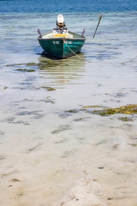 Ein Ruderboot ist festgemacht an einer Boje weit entfernt vom eigentlichen Ufer des Bodensee. Sorge bereitet der niedrige Wasserstand. Der Zugang zum Wasser ist erschwert. 07.08.2026, Reichenau, Baden-Württemberg, Deutschland