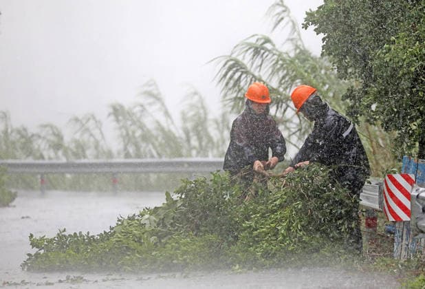YUHUAN, CHINA - AUGUST 09: Grassroots party members and cadres clear obstacles and remove hazards in wind and rain to defend against Typhoon Dolphin on August 9, 2026 in Yuhuan, Zhejiang Province of China. Typhoon Dolphin made landfall on the coast of Yuhuan, bringing strong winds and heavy rainfall to the area.  Copyright: xVCGx 111658984672