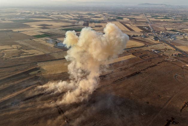 Syrian teams destroy explosive remnants of war near Damascus DAMASCUS, SYRIA - AUGUST 9: Syrian Defense Ministry teams destroy approximately one ton of explosive remnants of war and explosives found in residential areas in the countryside of Damascus, Syria, on August 9, 2026. Heavy flames and smoke rise from the area during the controlled destruction operation carried out by the Syrian authorities. Izz Aldien Alqasem Anadolu Damascus Syria. Editorial use only. Please get in touch for any other usage.  Copyright: x2026xAnadoluxIzzxAldienxAlqasemx