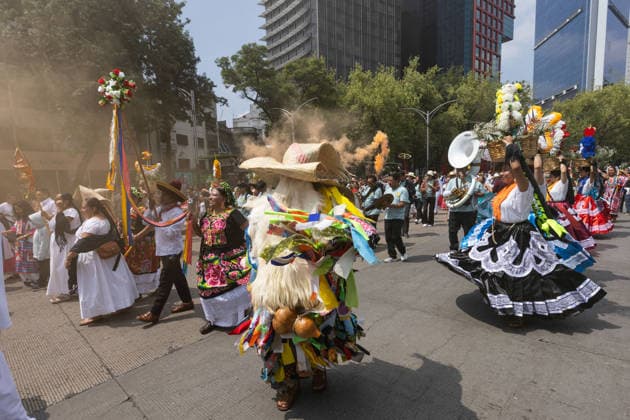 August 9, 2026, Mexico City, Mexico: The Mexico City government held the 17th Mega Calenda 2026, a cultural parade that traveled from the Angel of Independence along Paseo de la Reforma to the citys Zocalo, featuring participants in traditional clothing, dances and music, as part of International Indigenous Peoples Day and the 12th Festival of Indigenous Cultures, Indigenous Peoples and Native Neighborhoods of Mexico City. Mexico City Mexico  - ZUMAl178 20260809_znp_l178_009 Copyright: xCristianxLeyvax