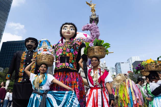 August 9, 2026, Mexico City, Mexico: The Mexico City government held the 17th Mega Calenda 2026, a cultural parade that traveled from the Angel of Independence along Paseo de la Reforma to the citys Zocalo, featuring participants in traditional clothing, dances and music, as part of International Indigenous Peoples Day and the 12th Festival of Indigenous Cultures, Indigenous Peoples and Native Neighborhoods of Mexico City. Mexico City Mexico - ZUMAl178 20260809_znp_l178_003 Copyright: xCristianxLeyvax