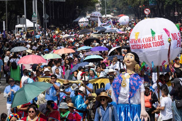August 9, 2026, Mexico City, Mexico: The Mexico City government held the 17th Mega Calenda 2026, a cultural parade that traveled from the Angel of Independence along Paseo de la Reforma to the citys Zocalo, featuring participants in traditional clothing, dances and music, as part of International Indigenous Peoples Day and the 12th Festival of Indigenous Cultures, Indigenous Peoples and Native Neighborhoods of Mexico City. Mexico City Mexico  - ZUMAl178 20260809_znp_l178_014 Copyright: xCristianxLeyvax