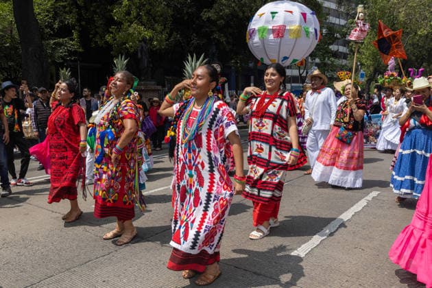 August 9, 2026, Mexico City, Mexico: The Mexico City government held the 17th Mega Calenda 2026, a cultural parade that traveled from the Angel of Independence along Paseo de la Reforma to the citys Zocalo, featuring participants in traditional clothing, dances and music, as part of International Indigenous Peoples Day and the 12th Festival of Indigenous Cultures, Indigenous Peoples and Native Neighborhoods of Mexico City. Mexico City Mexico  - ZUMAl178 20260809_znp_l178_017 Copyright: xCristianxLeyvax