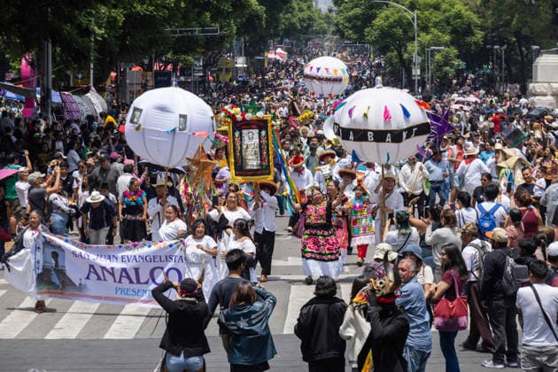 August 9, 2026, Mexico City, Mexico: The Mexico City government held the 17th Mega Calenda 2026, a cultural parade that traveled from the Angel of Independence along Paseo de la Reforma to the citys Zocalo, featuring participants in traditional clothing, dances and music, as part of International Indigenous Peoples Day and the 12th Festival of Indigenous Cultures, Indigenous Peoples and Native Neighborhoods of Mexico City. Mexico City Mexico  - ZUMAl178 20260809_znp_l178_031 Copyright: xCristianxLeyvax