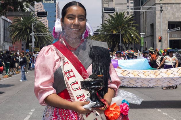 August 9, 2026, Mexico City, Mexico: The Mexico City government held the 17th Mega Calenda 2026, a cultural parade that traveled from the Angel of Independence along Paseo de la Reforma to the citys Zocalo, featuring participants in traditional clothing, dances and music, as part of International Indigenous Peoples Day and the 12th Festival of Indigenous Cultures, Indigenous Peoples and Native Neighborhoods of Mexico City. Mexico City Mexico - ZUMAl178 20260809_znp_l178_008 Copyright: xCristianxLeyvax