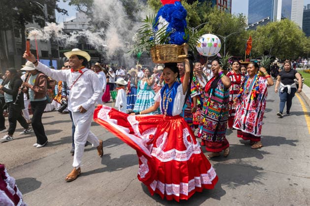 August 9, 2026, Mexico City, Mexico: The Mexico City government held the 17th Mega Calenda 2026, a cultural parade that traveled from the Angel of Independence along Paseo de la Reforma to the citys Zocalo, featuring participants in traditional clothing, dances and music, as part of International Indigenous Peoples Day and the 12th Festival of Indigenous Cultures, Indigenous Peoples and Native Neighborhoods of Mexico City. Mexico City Mexico - ZUMAl178 20260809_znp_l178_010 Copyright: xCristianxLeyvax