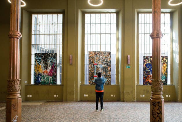 SaO PAULO, SP - 09.08.2026: A MOSTRA APOCALIPSE DE ALEX FLEMMING EM SP - The exhibition Apocalypse?, by artist Alex Flemming, was presented this Sunday (9), at Palacete da SÃ , in the Historic Center of Sao Paulo. The series of paintings stems from the artist& 39;s reflection on the terrorist attacks on the Bataclan Theatre, in Paris. The historic building, built in 1919, was designed by architect Ramos de Azevedo. In the photo, space with the works from the Apocalypse series by artist Alex Flemming. Untitled, 2015-2017. x2995908x  VincentxBosson