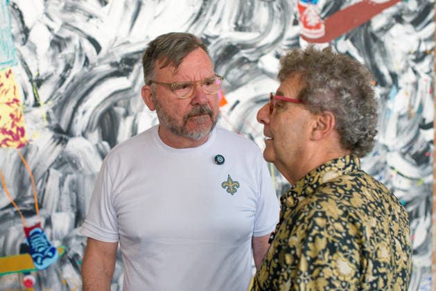 SaO PAULO, SP - 09.08.2026: A MOSTRA APOCALIPSE DE ALEX FLEMMING EM SP - The exhibition Apocalypse, by artist Alex Flemming, was presented this Sunday (9), at Palacete da SÃ , in the Historic Center of Sao Paulo. The series of paintings stems from the artist& 39;s reflection on the terrorist attacks on the Bataclan Theatre, in Paris. The historic building, built in 1919, was designed by architect Ramos de Azevedo. In the photo, Alex Flemming, Brazilian visual artist, painter and sculptor, with councilor Nabil Bonduki. x2995955x  VincentxBosson
