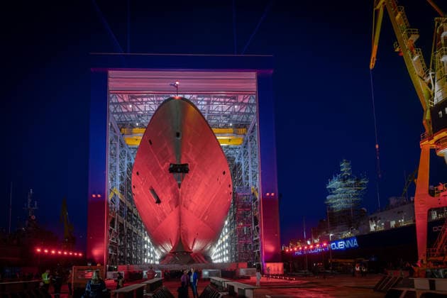 August 9, 2026, Gdynia, Poland: Polish Navy frigate ORP Wicher, the first of three multi-role frigates built under the Miecznik programme, is rolled out from the hull construction hall at PGZ Stocznia Wojenna in Gdynia ahead of its christening and naming ceremony Gdynia Poland  - ZUMAl194 20260809_zip_l194_006 Copyright: xMarekxLadzinskix