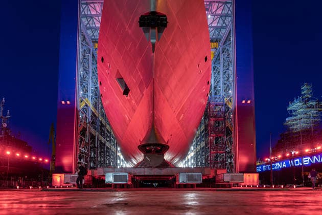 August 9, 2026, Gdynia, Poland: The Wicher frigate, the first of three vessels built under the Miecznik programme, during a ceremonial roll out from the shipbuilding hall at PGZ Stocznia Wojenna in Gdynia. Gdynia Poland - ZUMAl194 20260809_zip_l194_003 Copyright: xMarekxLadzinskix