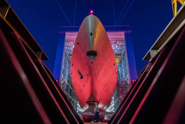 August 9, 2026, Gdynia, Poland: The Wicher frigate, the first of three vessels built under the Miecznik programme, during a ceremonial roll out from the shipbuilding hall at PGZ Stocznia Wojenna in Gdynia. Gdynia Poland - ZUMAl194 20260809_zip_l194_004 Copyright: xMarekxLadzinskix