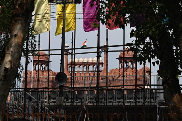 NEW DELHI, INDIA - AUGUST 9: View of scaffolding erected as preparations are underway for the 80th Independence Day celebrations at the historic Red Fort on August 9, 2026 in New Delhi, India. Labourers were seen erecting temporary spectator enclosures, media stands, and stage installations along the ramparts where Prime Minister Narendra Modi will unfurl the Tricolour and address the nation on August 15.(Photo by Ishant Chauhan Hindustan Times) Preparations At Red Fort For The 80th Independence Day Celebrations