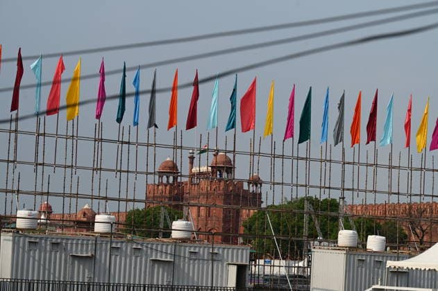 NEW DELHI, INDIA - AUGUST 9: View of scaffolding erected as preparations are underway for the 80th Independence Day celebrations at the historic Red Fort on August 9, 2026 in New Delhi, India. Labourers were seen erecting temporary spectator enclosures, media stands, and stage installations along the ramparts where Prime Minister Narendra Modi will unfurl the Tricolour and address the nation on August 15.(Photo by Ishant Chauhan Hindustan Times) Preparations At Red Fort For The 80th Independence Day Celebrations