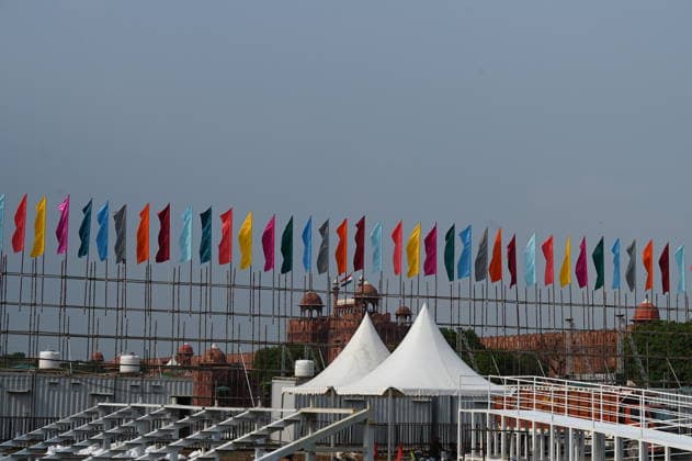 NEW DELHI, INDIA - AUGUST 9: View of scaffolding erected as preparations are underway for the 80th Independence Day celebrations at the historic Red Fort on August 9, 2026 in New Delhi, India. Labourers were seen erecting temporary spectator enclosures, media stands, and stage installations along the ramparts where Prime Minister Narendra Modi will unfurl the Tricolour and address the nation on August 15.(Photo by Ishant Chauhan Hindustan Times) Preparations At Red Fort For The 80th Independence Day Celebrations
