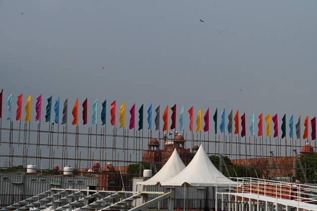 NEW DELHI, INDIA - AUGUST 9: View of scaffolding erected as preparations are underway for the 80th Independence Day celebrations at the historic Red Fort on August 9, 2026 in New Delhi, India. Labourers were seen erecting temporary spectator enclosures, media stands, and stage installations along the ramparts where Prime Minister Narendra Modi will unfurl the Tricolour and address the nation on August 15.(Photo by Ishant Chauhan Hindustan Times) Preparations At Red Fort For The 80th Independence Day Celebrations