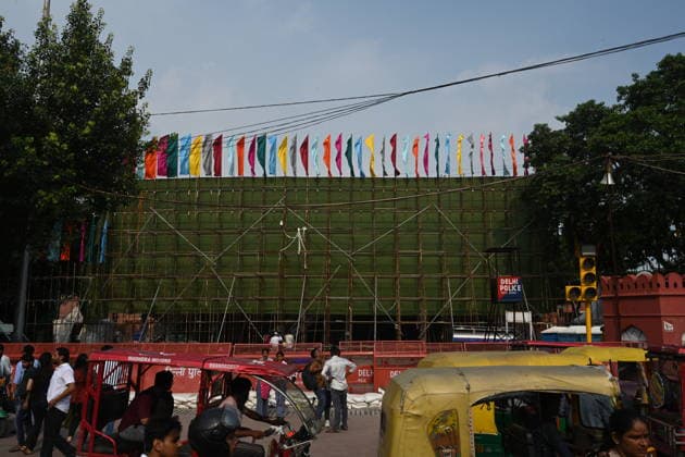 NEW DELHI, INDIA - AUGUST 9: View of scaffolding erected as preparations are underway for the 80th Independence Day celebrations at the historic Red Fort on August 9, 2026 in New Delhi, India. Labourers were seen erecting temporary spectator enclosures, media stands, and stage installations along the ramparts where Prime Minister Narendra Modi will unfurl the Tricolour and address the nation on August 15.(Photo by Ishant Chauhan Hindustan Times) Preparations At Red Fort For The 80th Independence Day Celebrations
