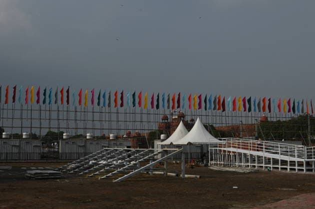 NEW DELHI, INDIA - AUGUST 9: View of scaffolding erected as preparations are underway for the 80th Independence Day celebrations at the historic Red Fort on August 9, 2026 in New Delhi, India. Labourers were seen erecting temporary spectator enclosures, media stands, and stage installations along the ramparts where Prime Minister Narendra Modi will unfurl the Tricolour and address the nation on August 15.(Photo by Ishant Chauhan Hindustan Times) Preparations At Red Fort For The 80th Independence Day Celebrations