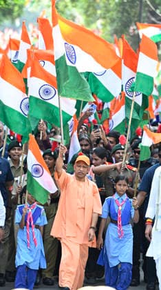 LUCKNOW, INDIA - AUGUST 9: Uttar Pradesh Chief Minister Yogi Adityanath waves national flag during Tiranga Yatra under the Har Ghar Tiranga campaign ahead of the 80th Independence Day on August 9, 2026 in Lucknow, India. (Photo by Deepak Gupta Hindustan Times) UP CM Yogi Adityanath Leads Tiranga Yatra Under Har Ghar Tiranga Campaign Ahead Independence Day