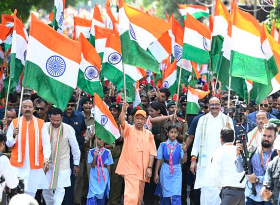 LUCKNOW, INDIA - AUGUST 9: Uttar Pradesh Chief Minister Yogi Adityanath along with deputy CM Keshav Prasad Maurya and deputy CM Brajesh Pathak and BJP state President Pankaj Chaudhary waves national flag during Tiranga Yatra under the Har Ghar Tiranga? campaign ahead of the 80th Independence Day on August 9, 2026 in Lucknow, India. (Photo by Deepak Gupta Hindustan Times) UP CM Yogi Adityanath Leads Tiranga Yatra Under Har Ghar Tiranga Campaign Ahead Independence Day