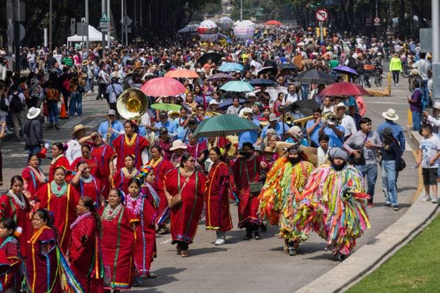 August 9, 2026, Mexico City, Mexico: MEXICO Mexico City, MEXICO Ã¢â‚¬ AUGUST 9, 2026: Participants wearing traditional clothing dance and march during the 17th Mega Calenda cultural parade from the Angel of Independence to the Zocalo in Mexico City, August 9, 2026. Organized by the Mexico City government, the event commemorates the International Day of the World s Indigenous Peoples and is part of the 12th Festival of Indigenous Cultures, Indigenous Peoples, and Native Neighborhoods of Mexico City. Mexico City Mexico  - ZUMAq101 20260809_zna_q101_164 Copyright: xCristianxLeyvax