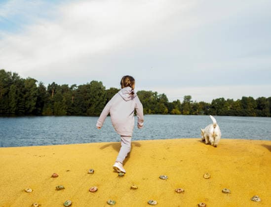 Ein siebenjähriges Mädchen mit Zöpfen spielt am Strand in der Nähe des Sees mit einem West Highland White Terrier. A seven-year-old girl with pigtails plays with a west highland white terrier on the beach near the lake. Lifextyle concept. (License=RF) ,model released, Symbolfoto Copyright: xZoonar.com RaisaxKanarevax 25383648 ,model released, Symbolfoto ,property released