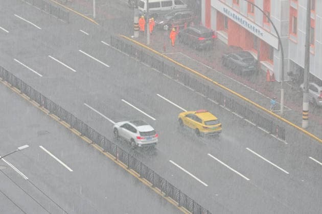 SHANGHAI, CHINA - AUGUST 10: Strong winds and heavy rain hit the area near Zhoujiazui Road in Yangpu District as Typhoon Dolphin affects the city on August 10, 2026 in Shanghai, China. Typhoon Dolphin, the 13th typhoon of the year, made landfall at Yuhuan of Taizhou City, east China s Zhejiang Province, at around 5:30 p.m. on August 9.  Copyright: xVCGx 111659076894