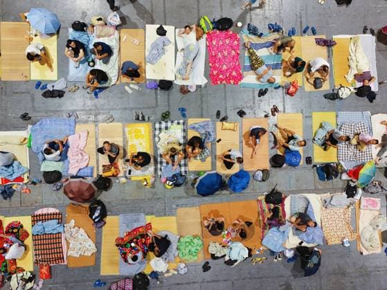 HANGZHOU, CHINA - AUGUST 09: A temporary shelter is set up for workers at Qianjiang Century City on August 9, 2026 in Hangzhou, Zhejiang Province of China. Nearly 10,000 workers were safely evacuated from the area as Typhoon Dolphin approaches.  Copyright: xVCGx 111658990983