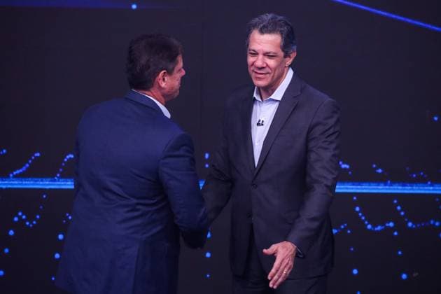 Fernando Haddad and Tarcisio de Freitas face off in the first Band debate. Sao Paulo, SP. 09.08.2026 - Debate-SP - PT candidate for governor of Sao Paulo, Fernando Haddad, and the current governor and Republican candidate for re-election, Tarcisio de Freitas, participate in the first election debate promoted by TV Bandeirantes, at the station s studio, in the Morumbi neighborhood, south of Sao Paulo, on the evening of Sunday, August 9, 2026.(Foto: Marina Uezima Brazil Photo Press Brazil Photo Press) INTERNATIONAL Sao Paulo Sao Paulo Brasil Copyright: xMarinaxUezimax