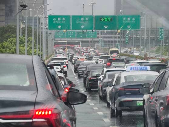 SHANGHAI, CHINA - AUGUST 10: Vehicles are congested on elevated roads due to Typhoon Dolphin on August 10, 2026 in Shanghai, China. Typhoon Dolphin brought heavy rain and strong winds to the city, causing traffic disruptions.  Copyright: xVCGx 111659110622