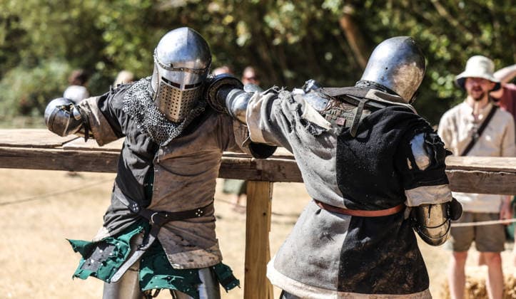 Kingdom of Loxwood medieval festival 09.08.2026. Members of the Full contact medieval armoured combat group Invicta take part in mass combat at the Kingdom of Loxwood medieval festival in west Sussex  Copyright: xRichardxPohlex NINTCHDBPICT001100253910