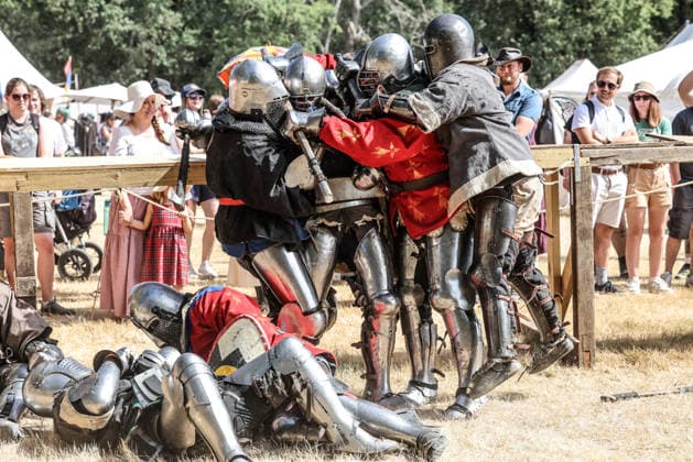 Kingdom of Loxwood medieval festival 09.08.2026. Members of the Full contact medieval armoured combat group Invicta take part in mass combat at the Kingdom of Loxwood medieval festival in west Sussex  Copyright: xRichardxPohlex NINTCHDBPICT001100254172