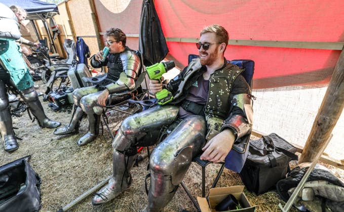 Kingdom of Loxwood medieval festival 09.08.2026. Members of the Full contact medieval armoured combat group Invicta take part in mass combat at the Kingdom of Loxwood medieval festival in west Sussex  Copyright: xRichardxPohlex NINTCHDBPICT001100254310
